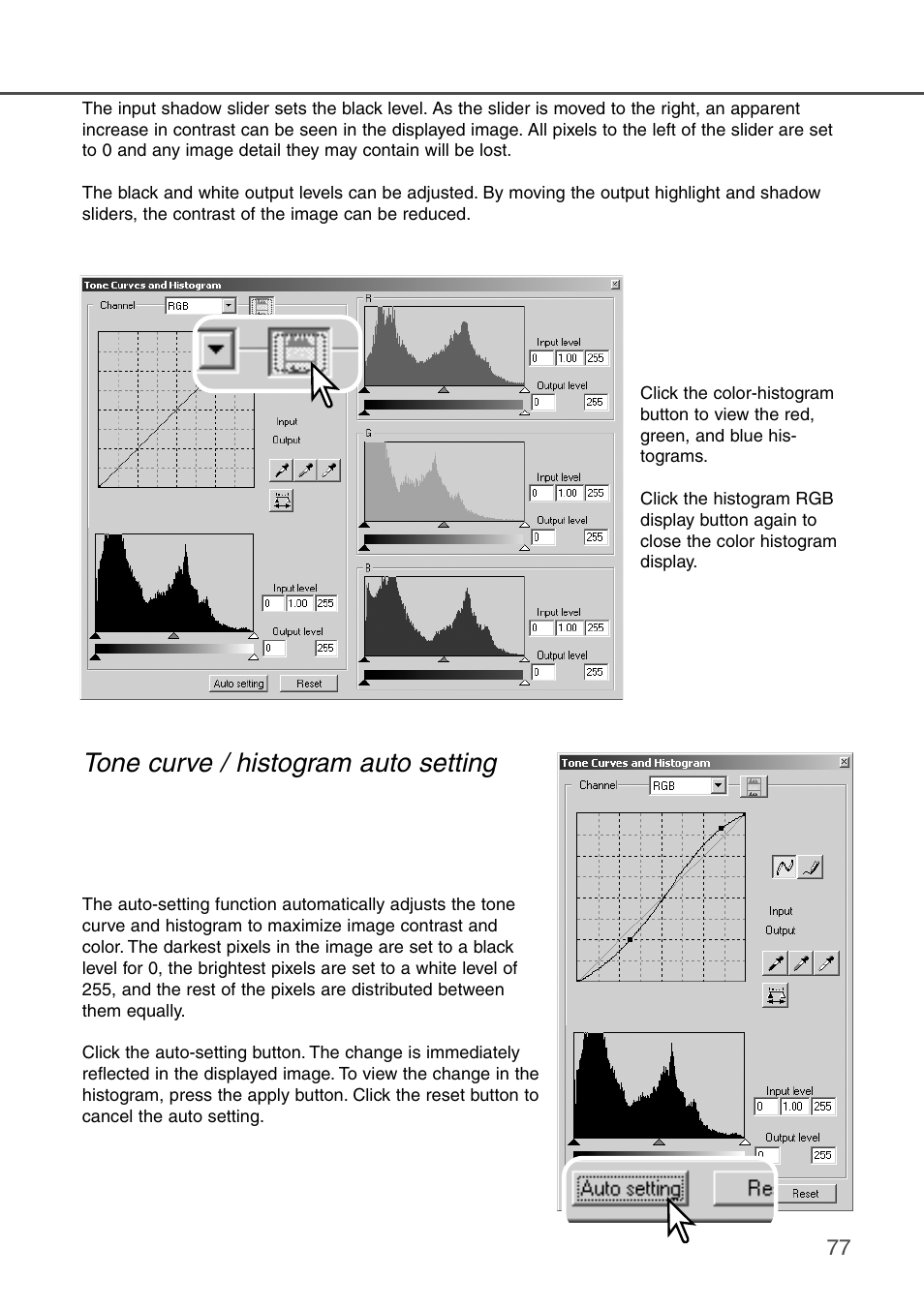Tone curve / histogram auto setting | Konica Minolta DiMAGE Scan Dual III AF-2840 User Manual | Page 77 / 92