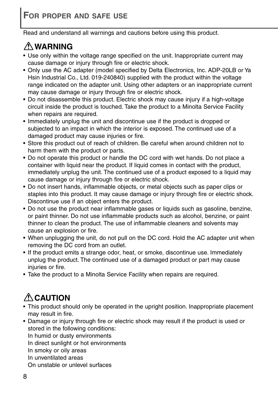 For proper and safe use, Warning, Caution | Konica Minolta DiMAGE Scan Dual III AF-2840 User Manual | Page 8 / 92