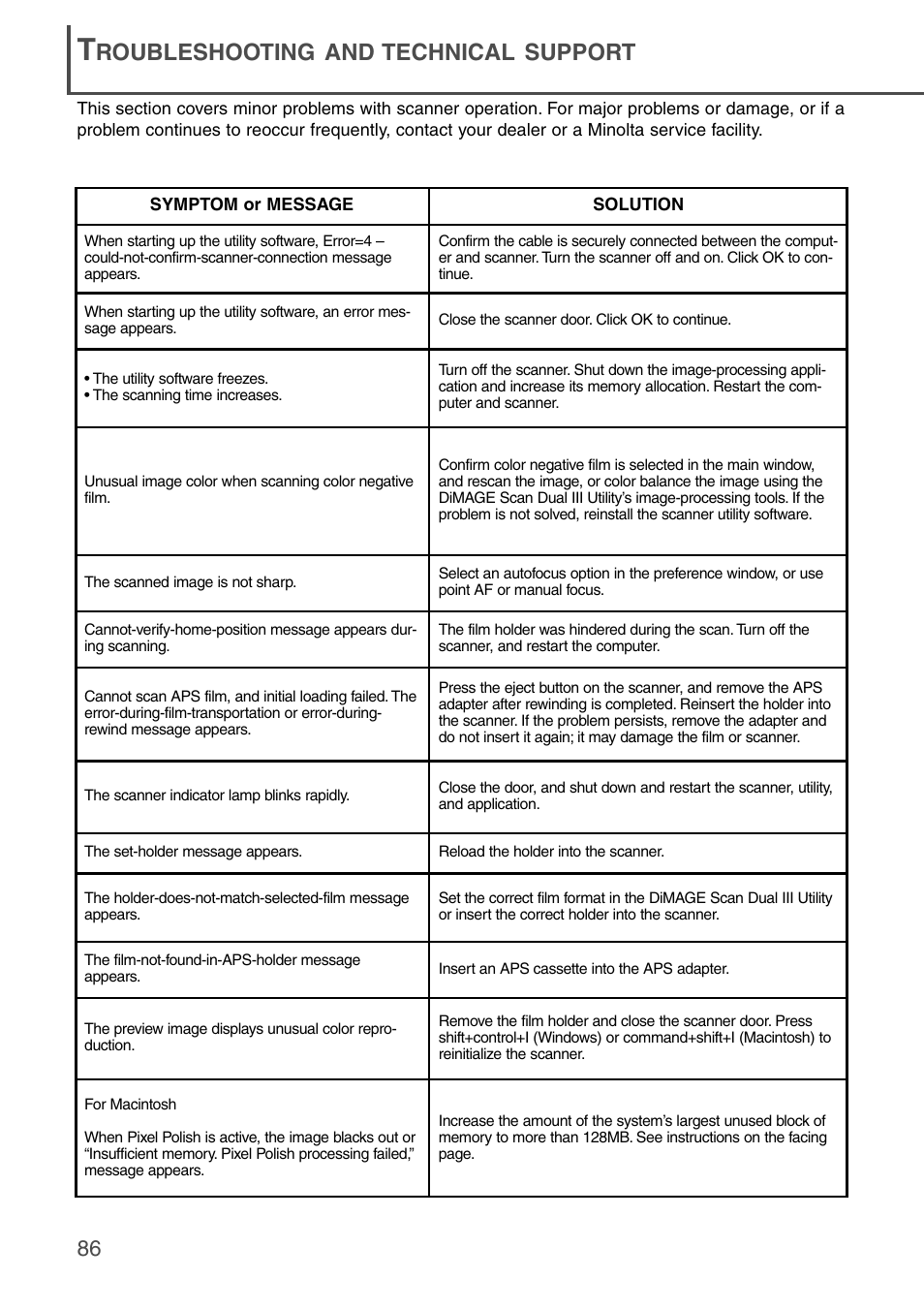 Troubleshooting and technical support, Roubleshooting and technical support | Konica Minolta DiMAGE Scan Dual III AF-2840 User Manual | Page 86 / 92