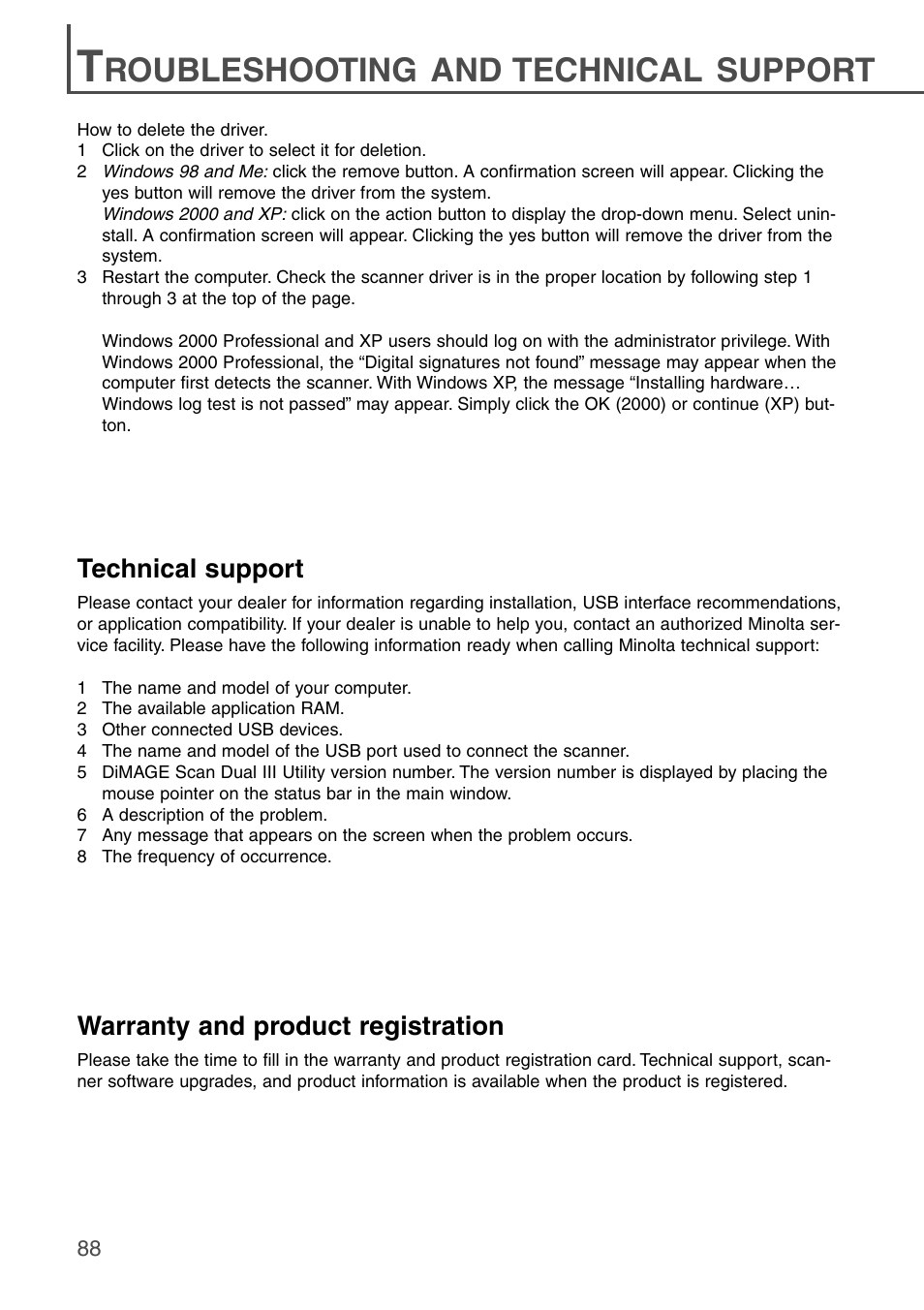 Roubleshooting and technical support | Konica Minolta DiMAGE Scan Dual III AF-2840 User Manual | Page 88 / 92