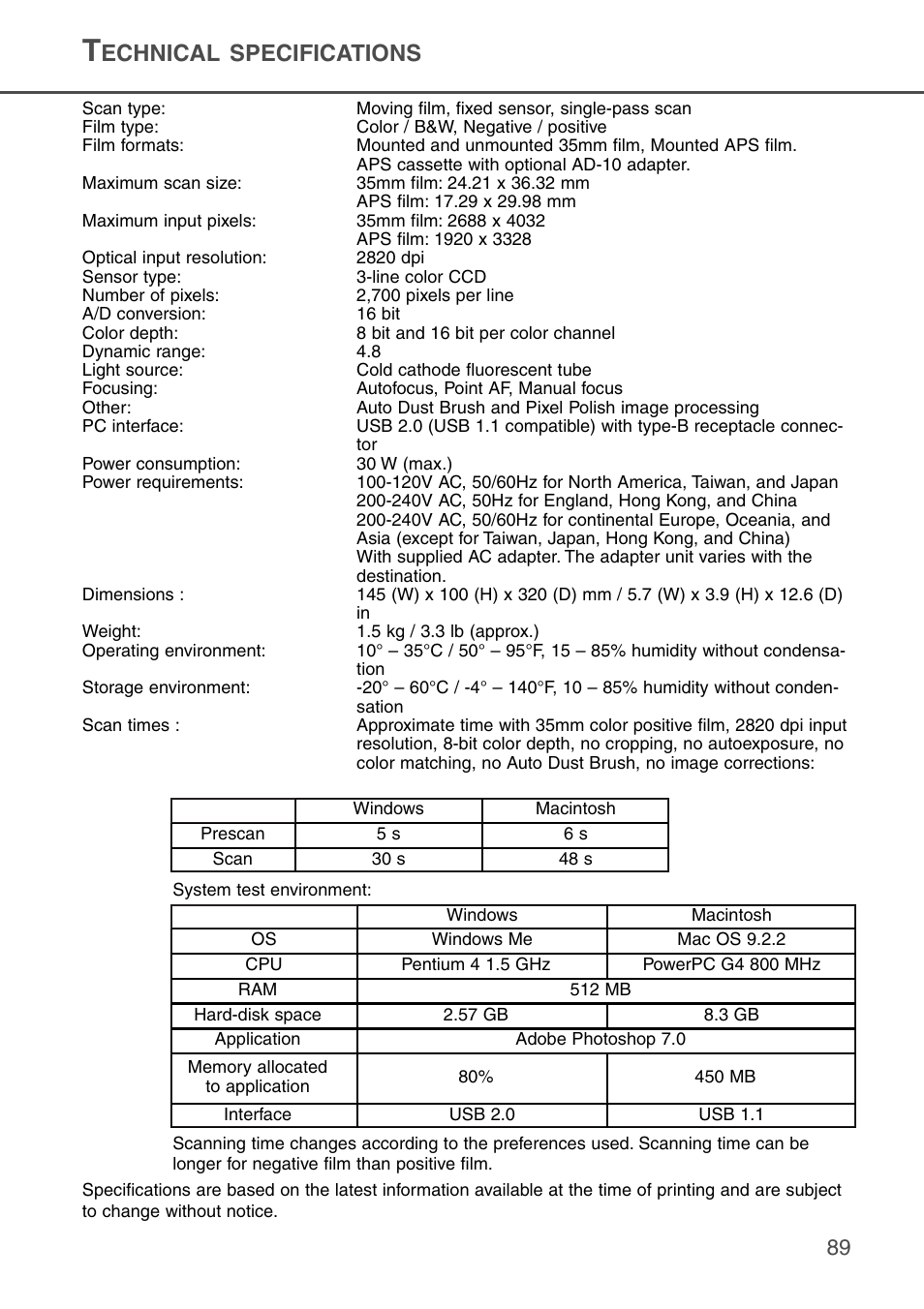 Technical specifications, Echnical specifications | Konica Minolta DiMAGE Scan Dual III AF-2840 User Manual | Page 89 / 92