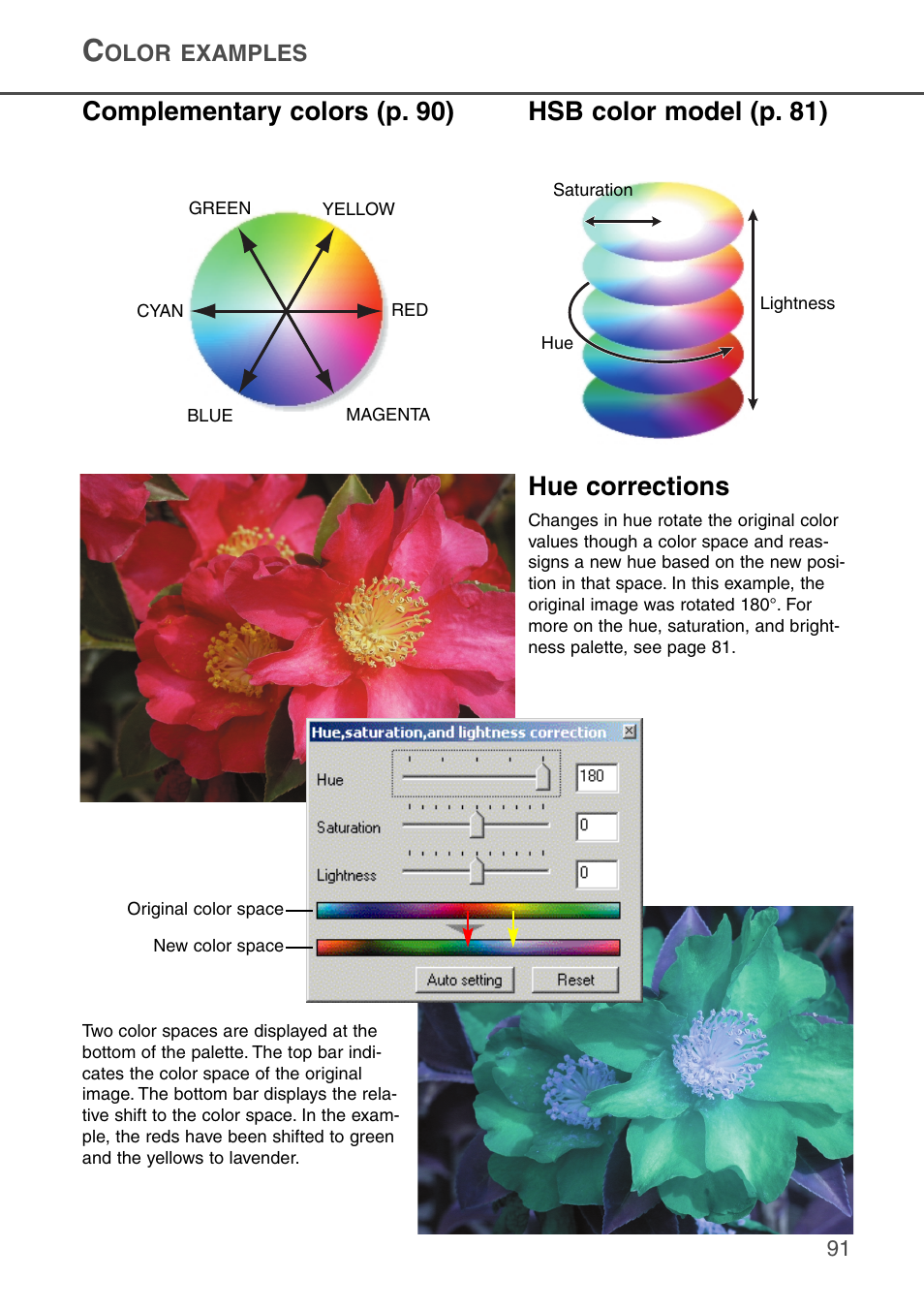 Color examples, Hue corrections hsb color model (p. 81), Complementary colors (p. 90) | Konica Minolta DiMAGE Scan Dual III AF-2840 User Manual | Page 91 / 92