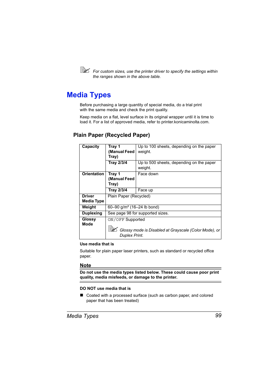Media types, Plain paper (recycled paper), Media types 99 | Plain paper (recycled paper) 99 | Konica Minolta BIZHUB C30P User Manual | Page 113 / 276