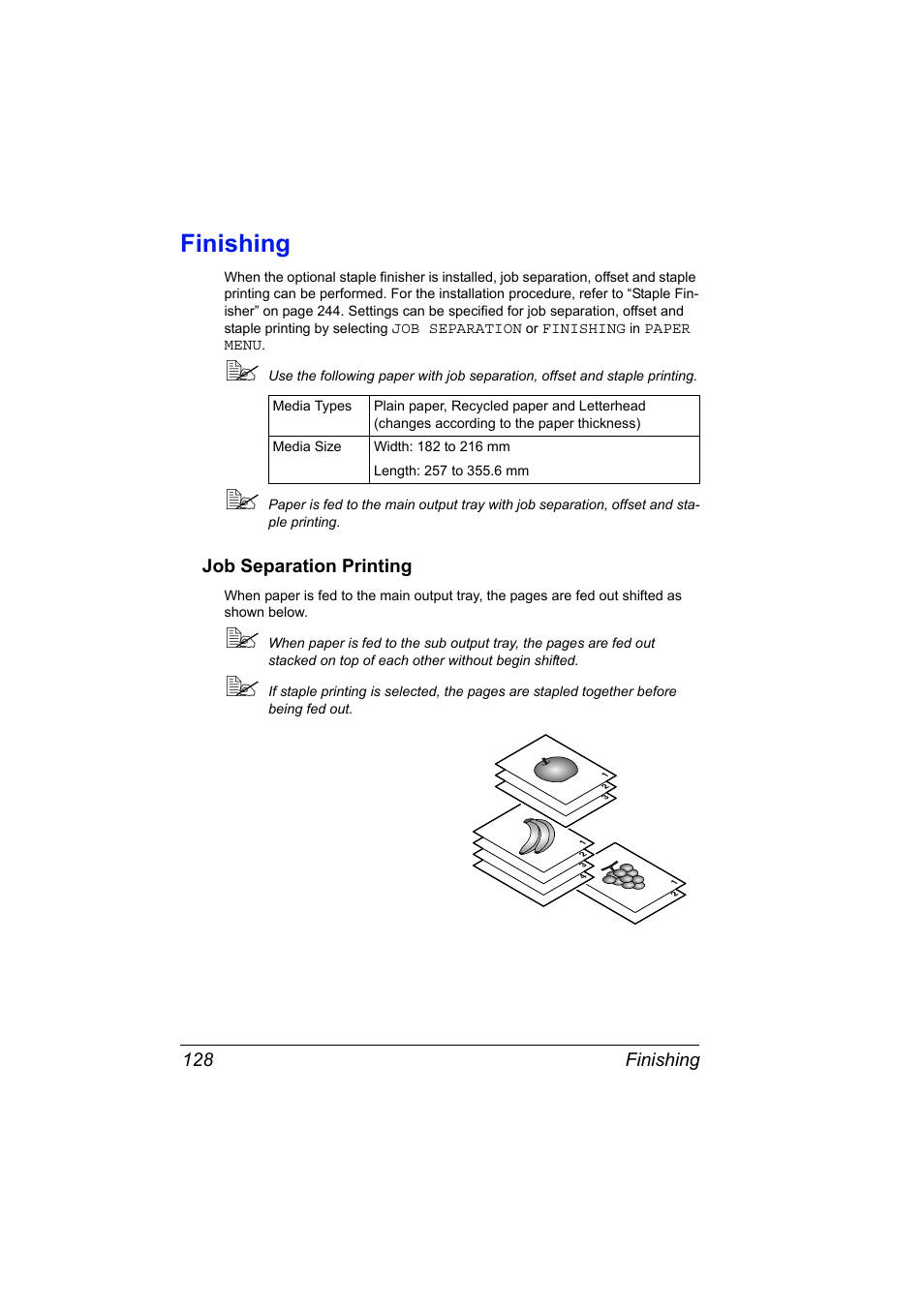 Finishing, Job separation printing, Finishing 128 | Job separation printing 128 | Konica Minolta BIZHUB C30P User Manual | Page 142 / 276