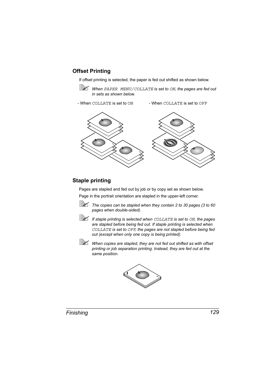 Offset printing, Staple printing, Offset printing 129 staple printing 129 | Finishing 129 offset printing | Konica Minolta BIZHUB C30P User Manual | Page 143 / 276