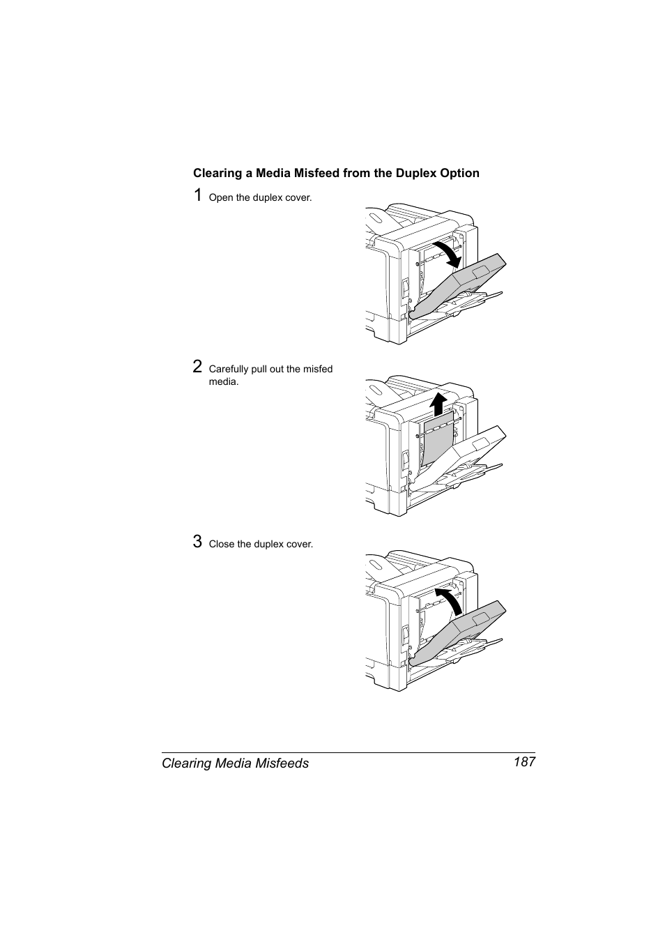Clearing a media misfeed from the duplex option | Konica Minolta BIZHUB C30P User Manual | Page 201 / 276