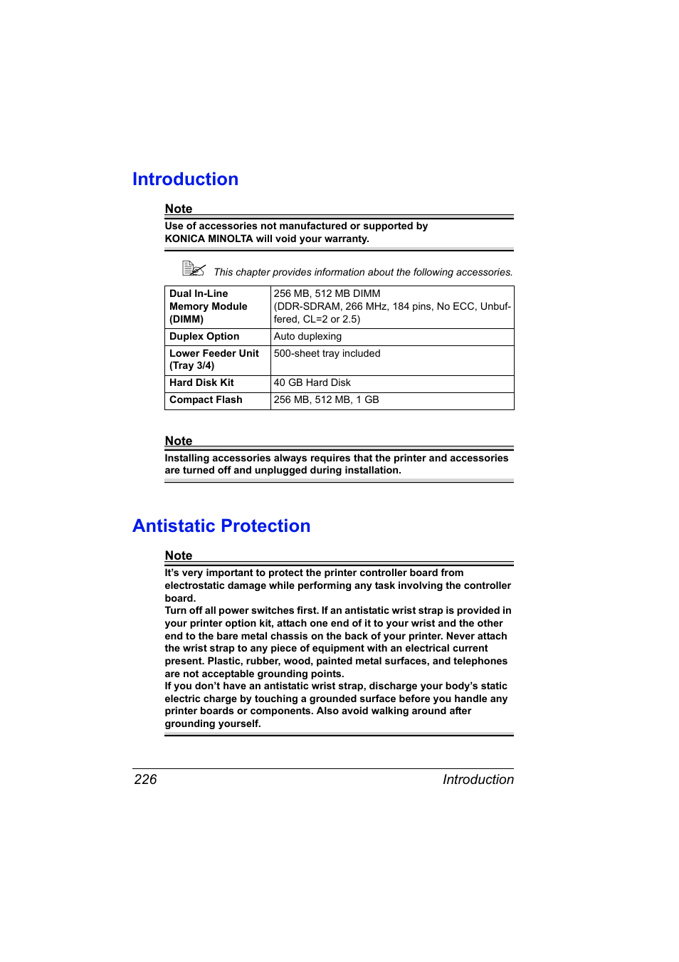 Introduction, Antistatic protection, Introduction 226 antistatic protection 226 | Konica Minolta BIZHUB C30P User Manual | Page 240 / 276