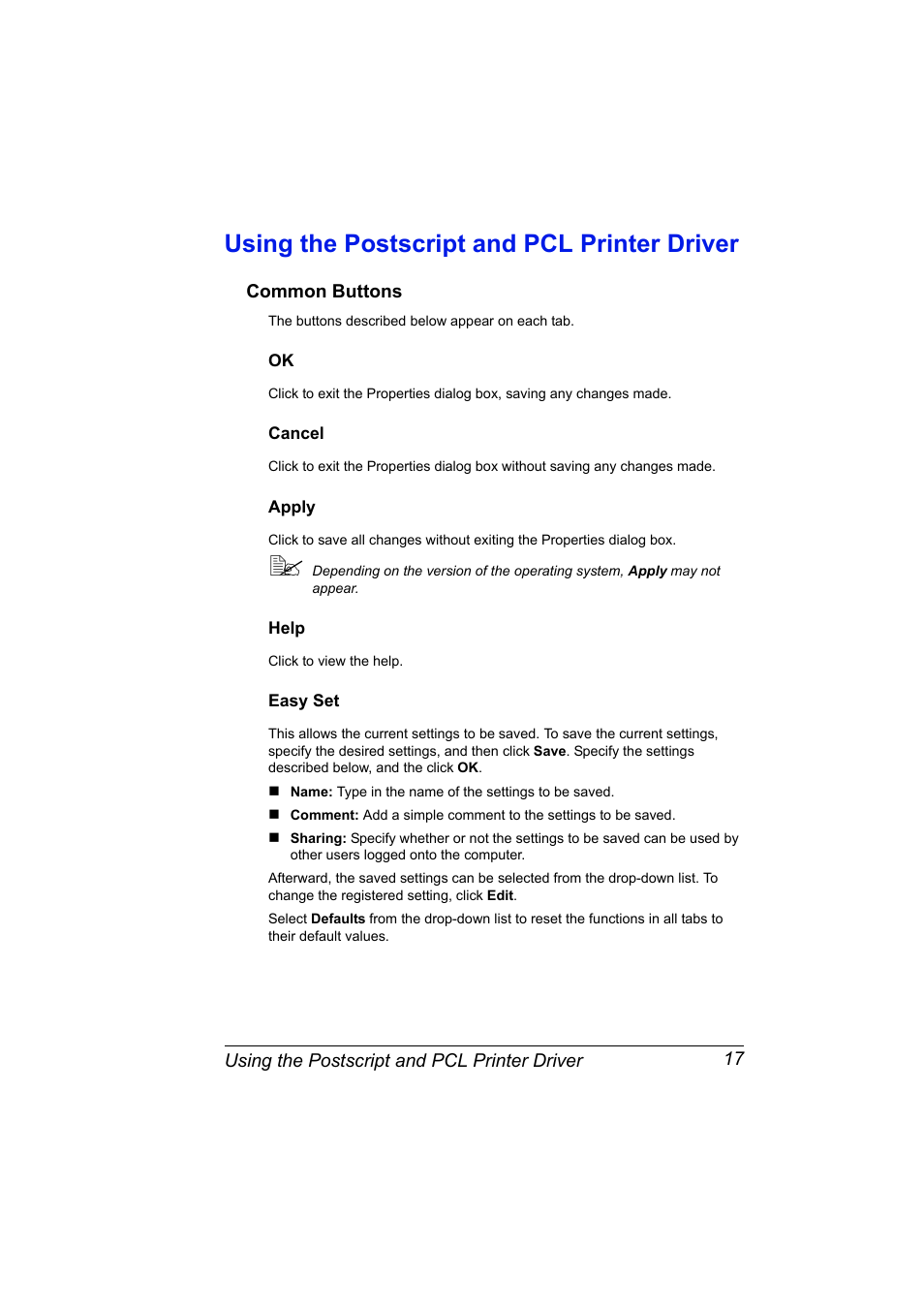 Using the postscript and pcl printer driver, Common buttons, Cancel | Apply, Help, Easy set, Using the postscript and pcl printer driver 17, Common buttons 17, Ok 17 cancel 17 apply 17 help 17 easy set 17 | Konica Minolta BIZHUB C30P User Manual | Page 31 / 276