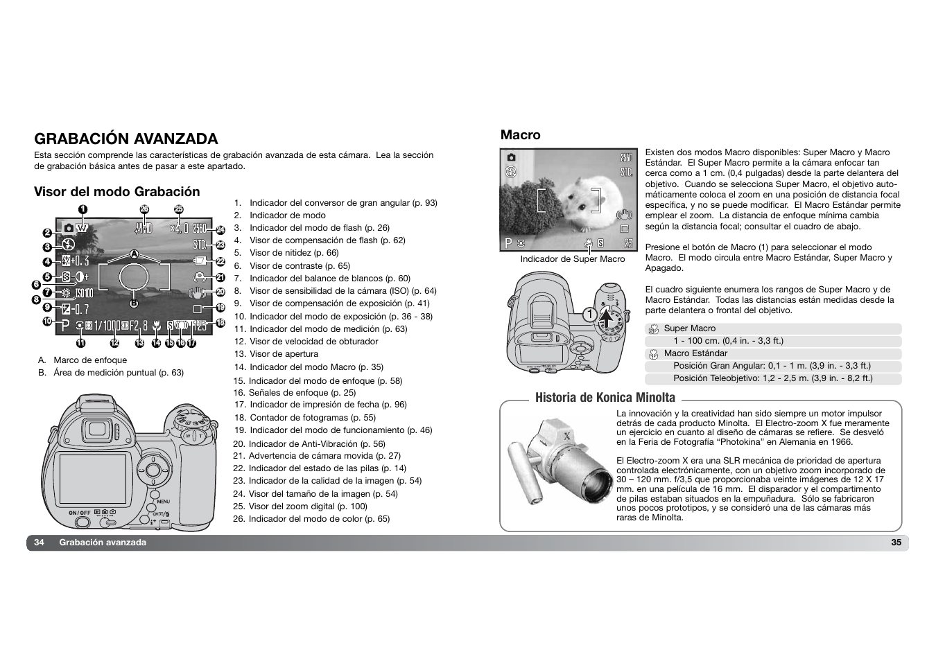 Grabación avanzada, Visor del modo grabación macro, Historia de konica minolta | Konica Minolta DIMAGE Z5 User Manual | Page 18 / 66