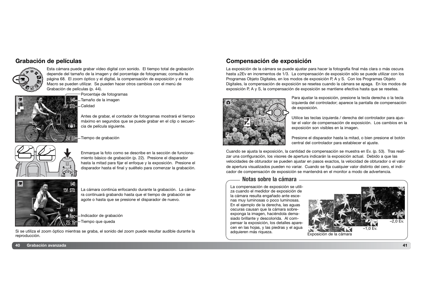 Grabación de películas, Compensación de exposición, Notas sobre la cámara | Konica Minolta DIMAGE Z5 User Manual | Page 21 / 66