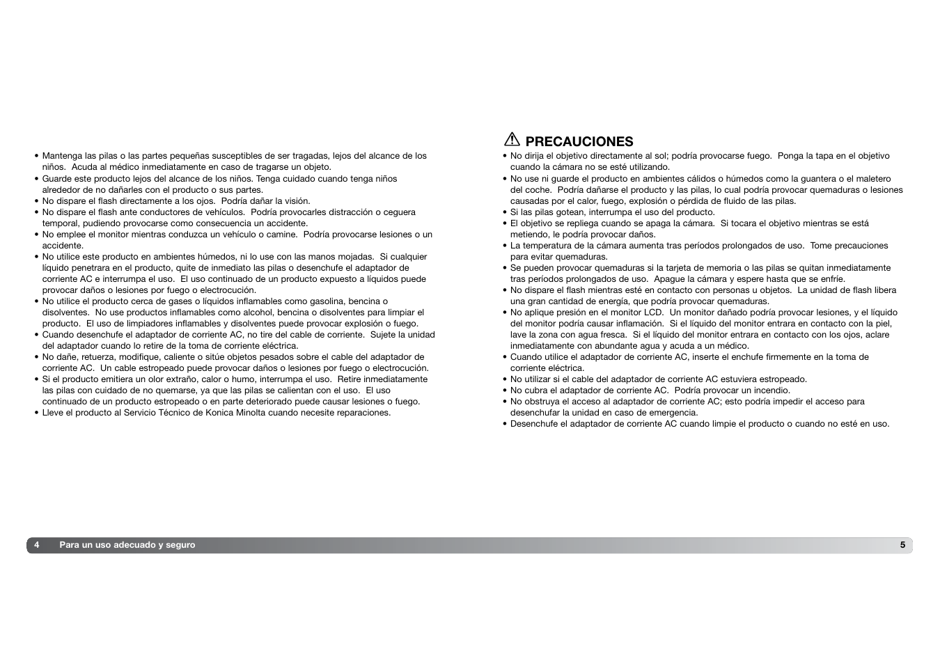 Precauciones | Konica Minolta DIMAGE Z5 User Manual | Page 3 / 66