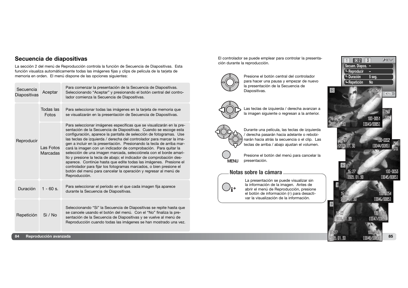 Secuencia de diapositivas, Notas sobre la cámara | Konica Minolta DIMAGE Z5 User Manual | Page 43 / 66