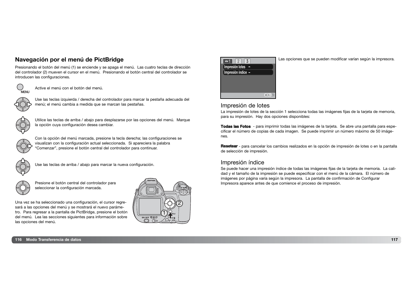 Navegación por el menú de pictbridge, Impresión de lotes impresión índice | Konica Minolta DIMAGE Z5 User Manual | Page 59 / 66