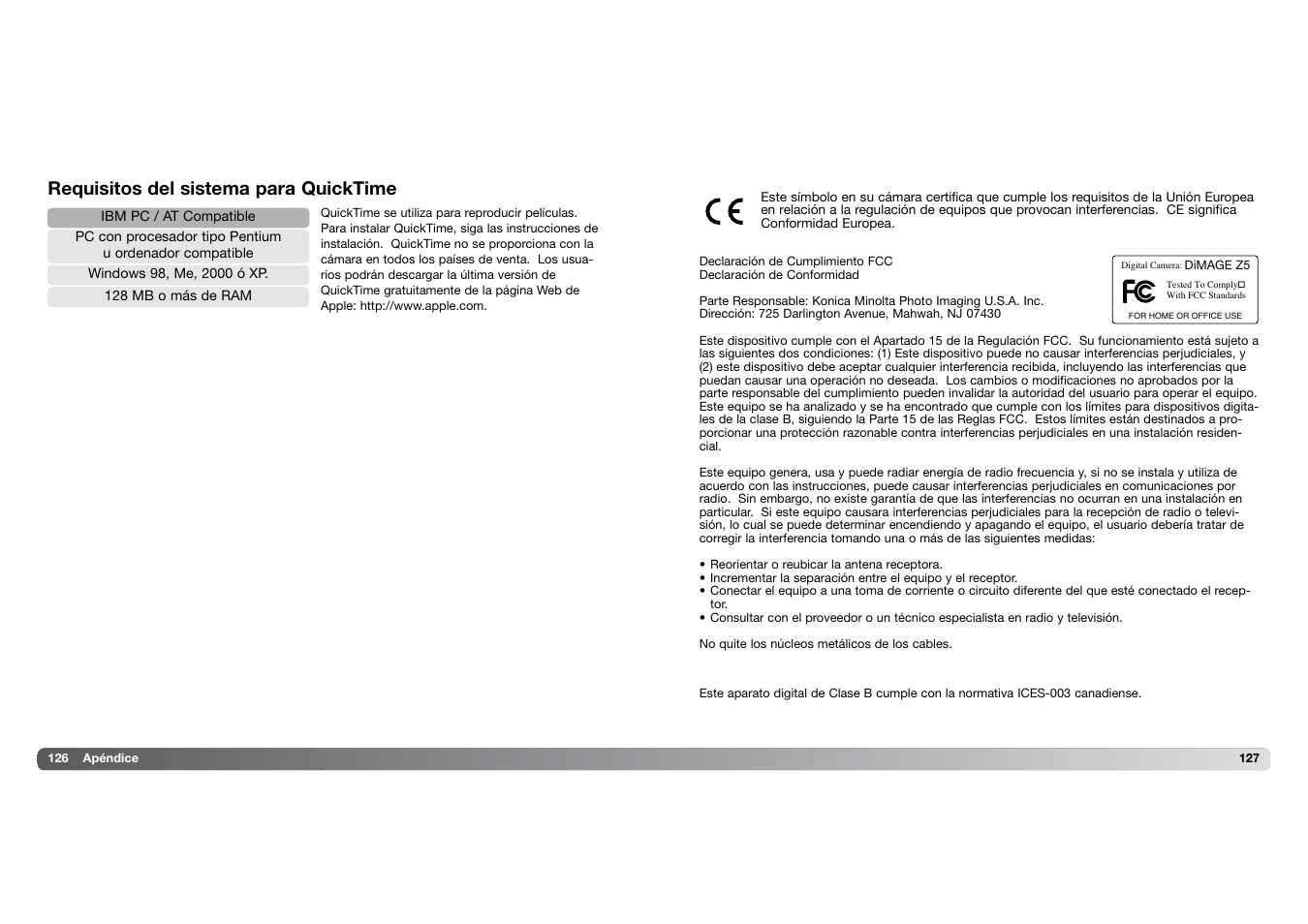 Requisitos del sistema para quicktime | Konica Minolta DIMAGE Z5 User Manual | Page 64 / 66
