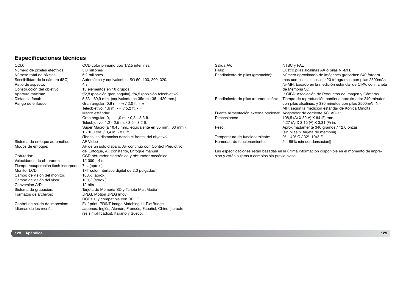 Especificaciones técnicas | Konica Minolta DIMAGE Z5 User Manual | Page 65 / 66