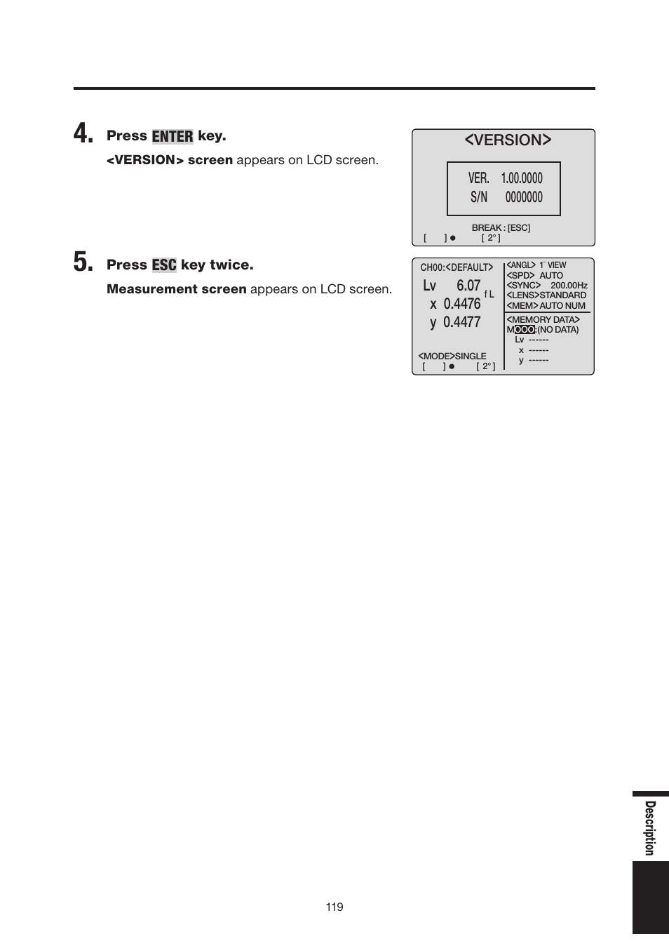 Enter, Lv 6.07, Version | Konica Minolta Chroma Meter CS-200 User Manual | Page 121 / 124