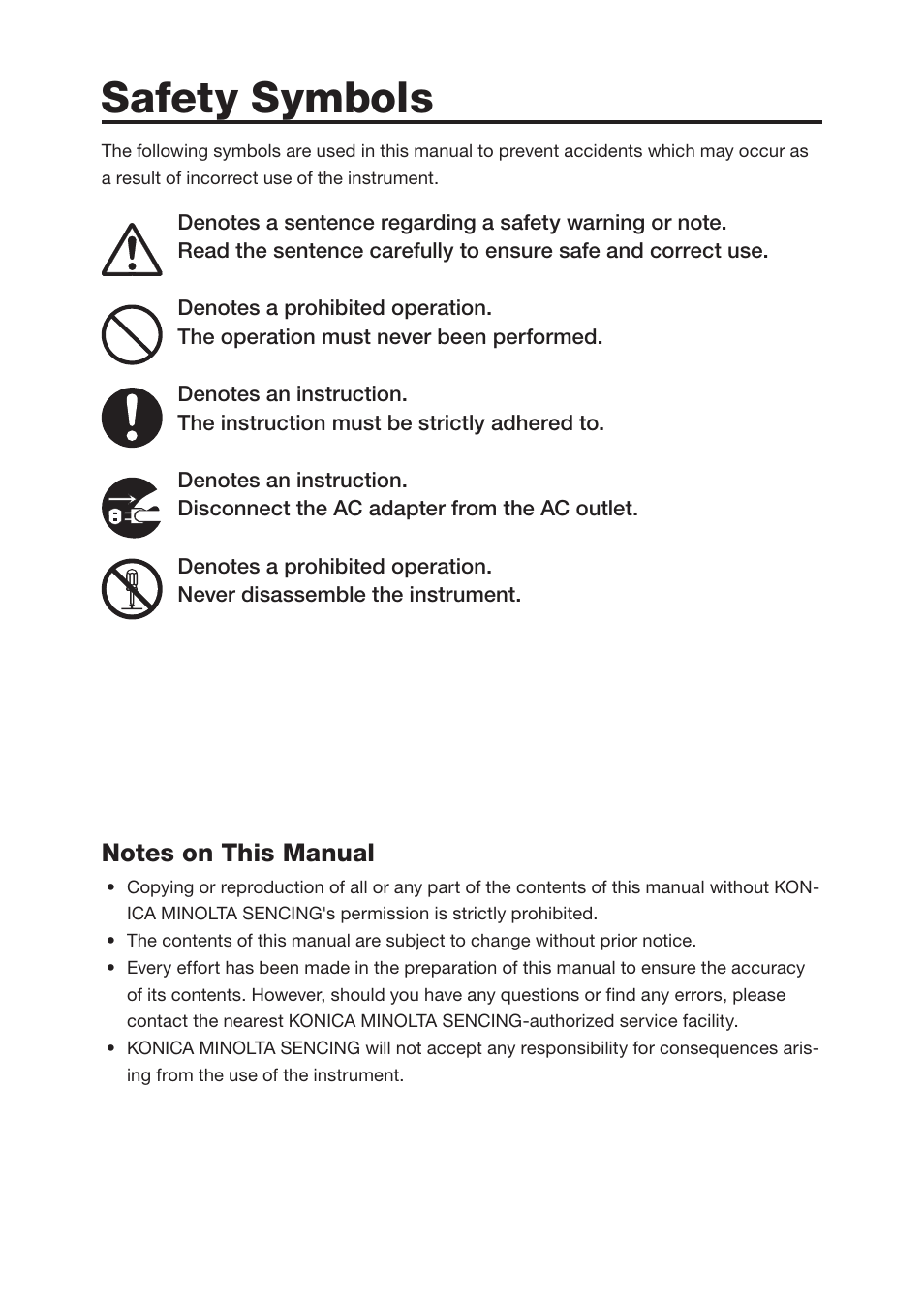 Safety symbols, Notes on this manual | Konica Minolta Chroma Meter CS-200 User Manual | Page 2 / 124