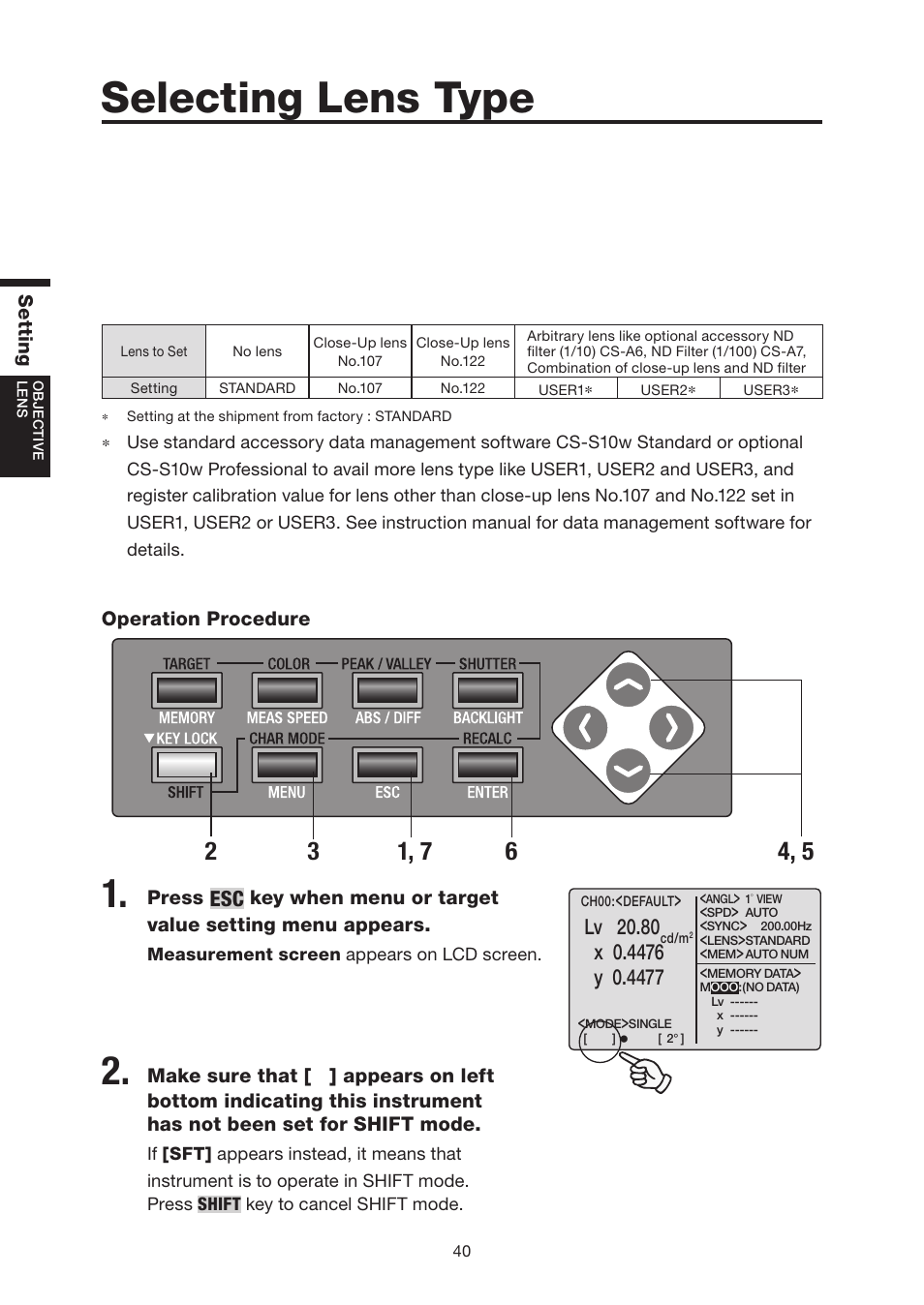 Selecting lens type, Lv 20.80 | Konica Minolta Chroma Meter CS-200 User Manual | Page 42 / 124