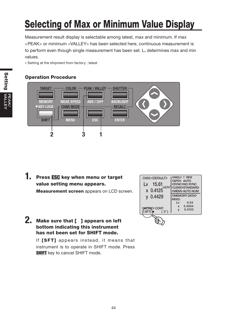 Selecting of max or minimum value display, Lv 15.61 | Konica Minolta Chroma Meter CS-200 User Manual | Page 46 / 124