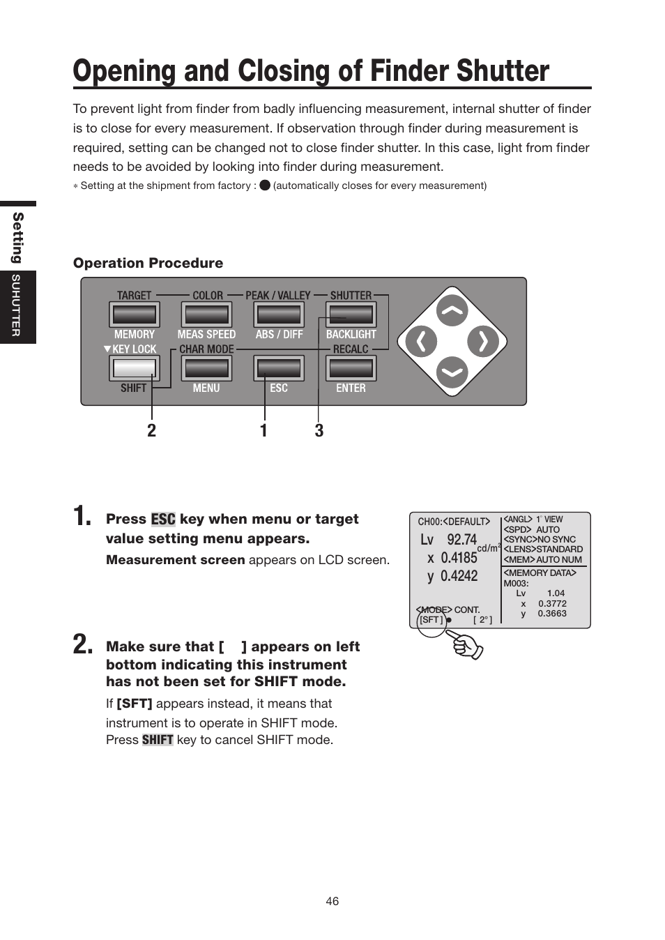 Opening and closing of finder shutter, Lv 92.74 | Konica Minolta Chroma Meter CS-200 User Manual | Page 48 / 124