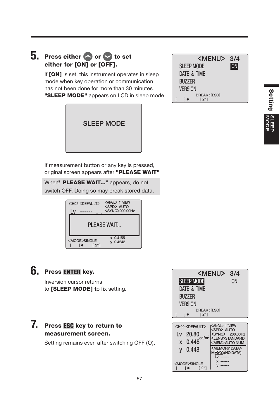 Enter, Lv 20.80, Menu | 3/4 sleep mode on date & time buzzer version, Sleep mode, Please wait | Konica Minolta Chroma Meter CS-200 User Manual | Page 59 / 124