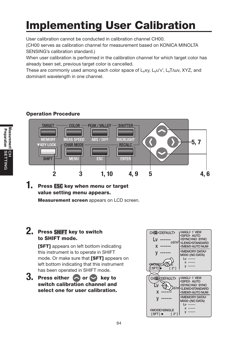 Implementing user calibration, Shift, X ------ y | Konica Minolta Chroma Meter CS-200 User Manual | Page 66 / 124