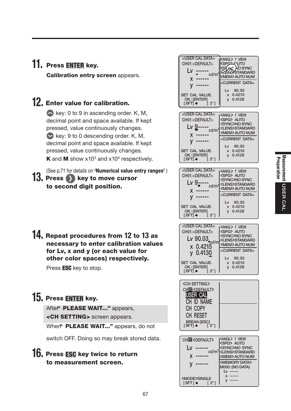 Enter, X ------ y, Lv 9 | Lv 90.03, User cal ch id name ch copy ch reset | Konica Minolta Chroma Meter CS-200 User Manual | Page 69 / 124