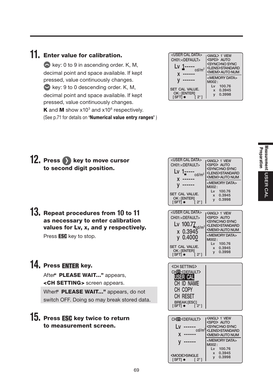 Enter, Lv 1, X ------ y | User cal ch id name ch copy ch reset | Konica Minolta Chroma Meter CS-200 User Manual | Page 71 / 124