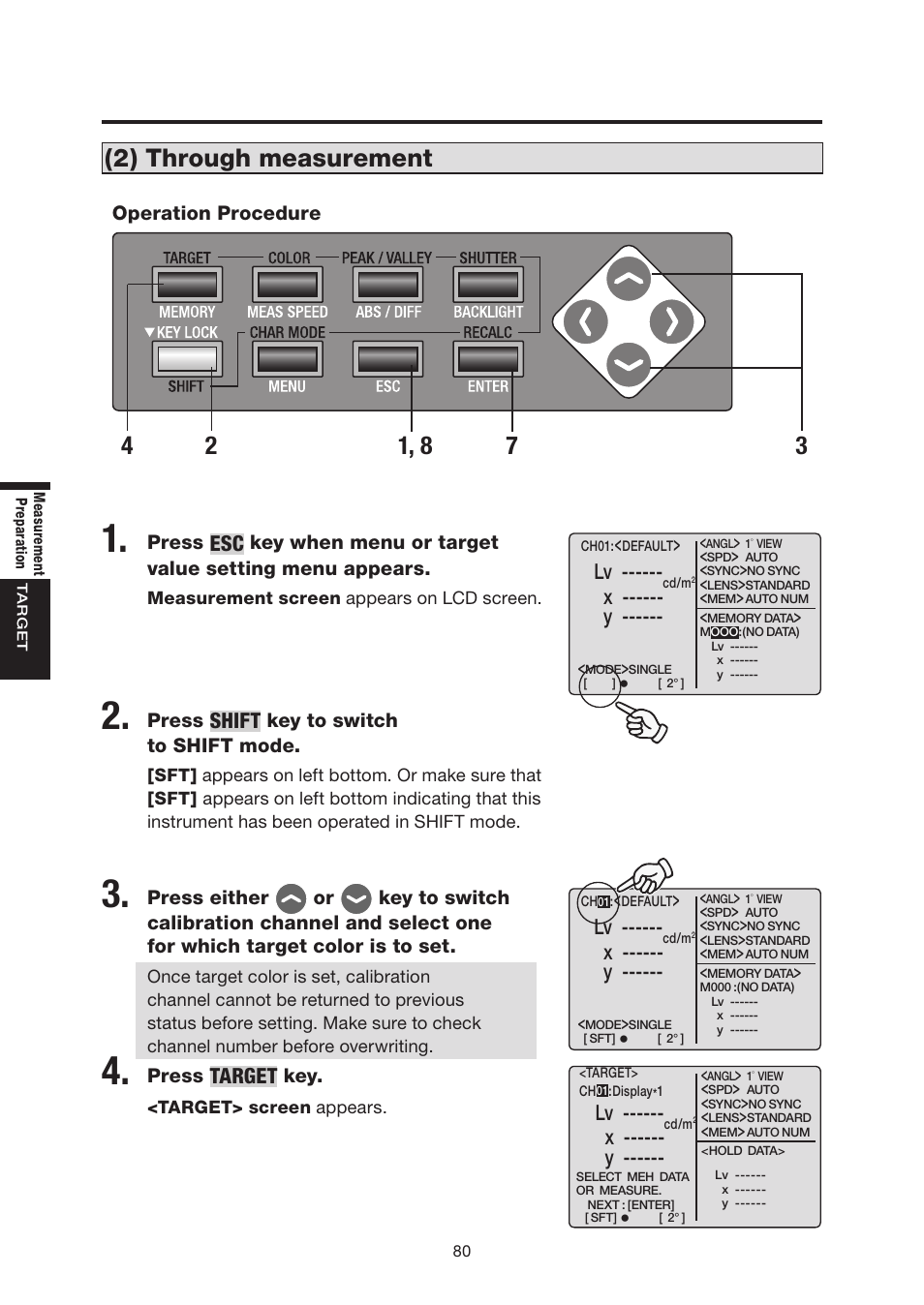 2) through measurement, Shift, Target | X ------ y | Konica Minolta Chroma Meter CS-200 User Manual | Page 82 / 124