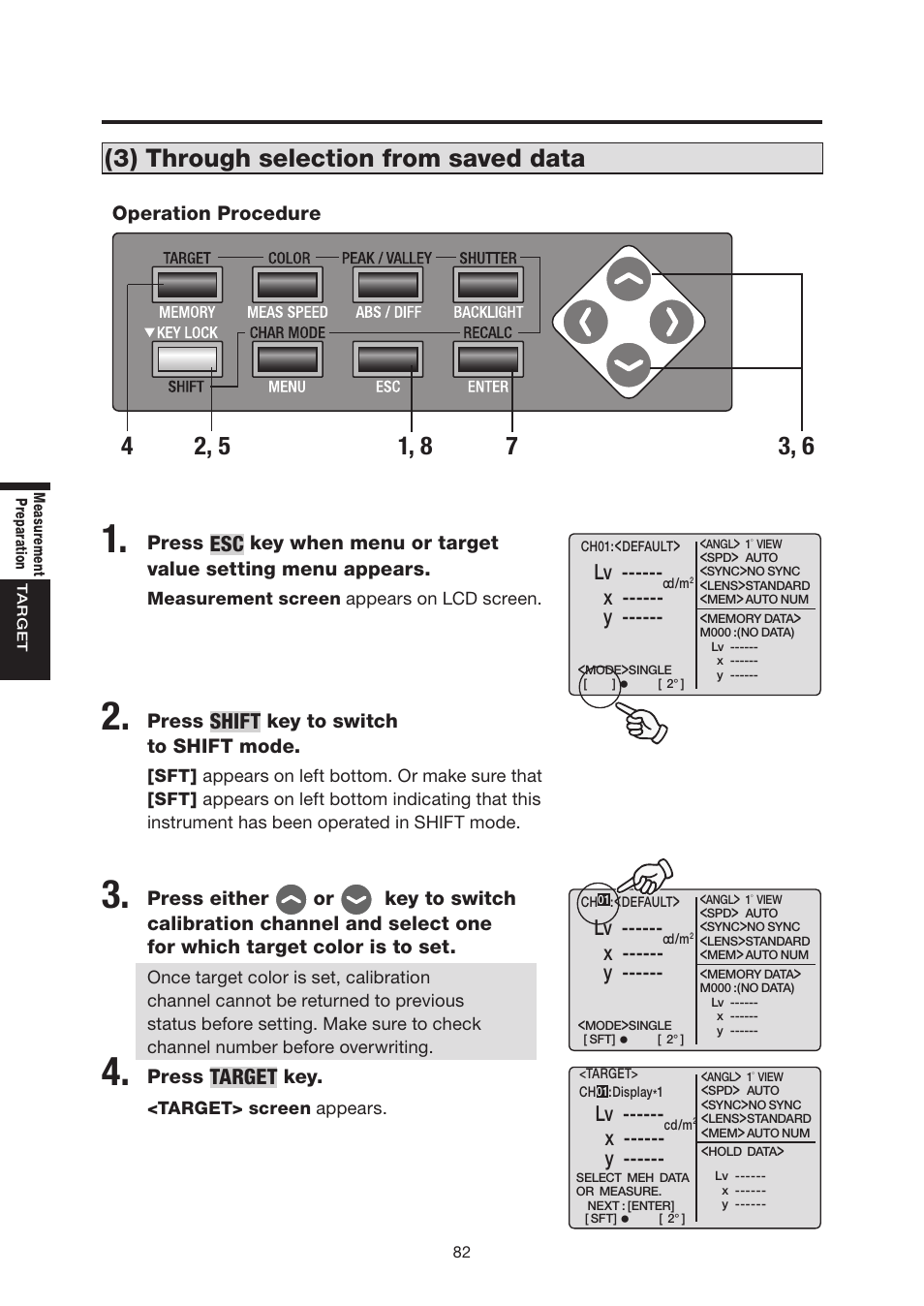 3) through selection from saved data, Shift, Target | X ------ y | Konica Minolta Chroma Meter CS-200 User Manual | Page 84 / 124