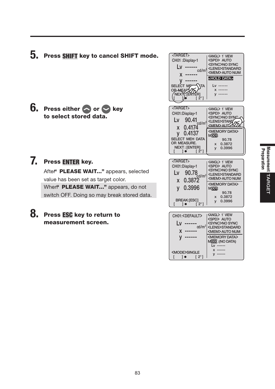Shift, Enter, X ------ y | Lv 90.41, Lv 90.78, Press, Key to cancel shift mode, Press either or key to select stored data, Key to return to measurement screen | Konica Minolta Chroma Meter CS-200 User Manual | Page 85 / 124