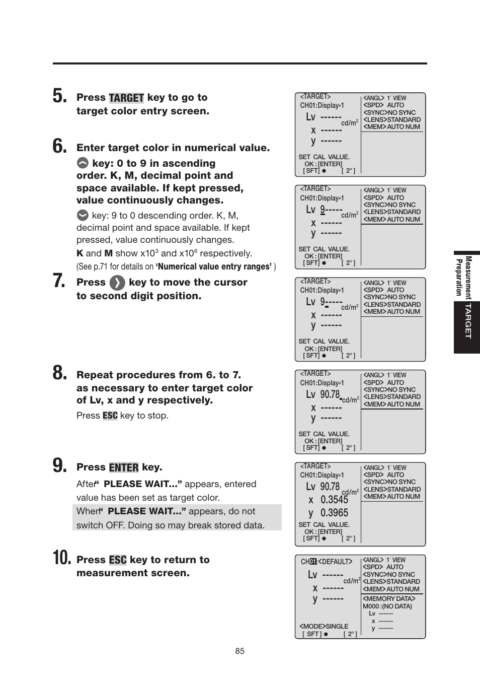 Enter, Target, X ------ y | Lv 9, Lv 90.78 | Konica Minolta Chroma Meter CS-200 User Manual | Page 87 / 124