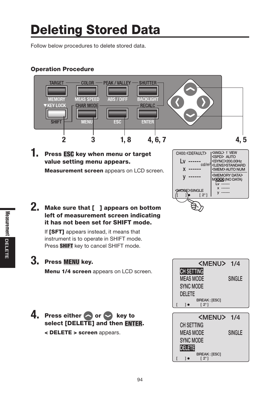 Deleting stored data | Konica Minolta Chroma Meter CS-200 User Manual | Page 96 / 124