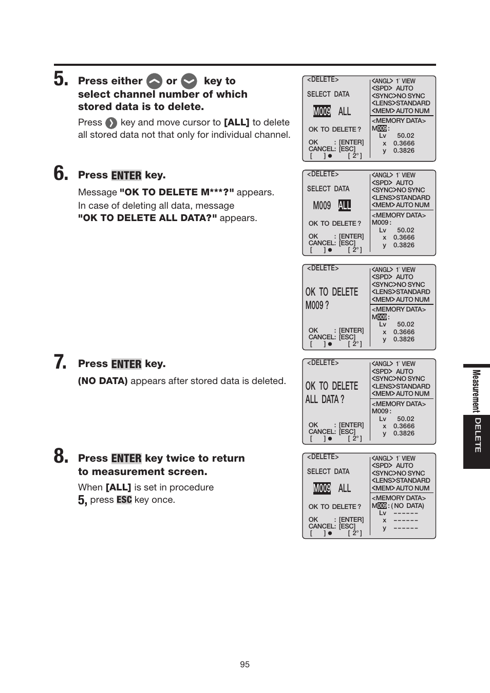 Enter, M009 all, Ok to delete m009 | Ok to delete all data, Me asu rem ent, Press, Key twice to return to measurement screen | Konica Minolta Chroma Meter CS-200 User Manual | Page 97 / 124