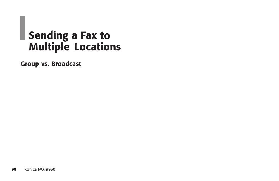 Overview, Sending a fax to multiple locations | Konica Minolta Fax 9930 User Manual | Page 113 / 249