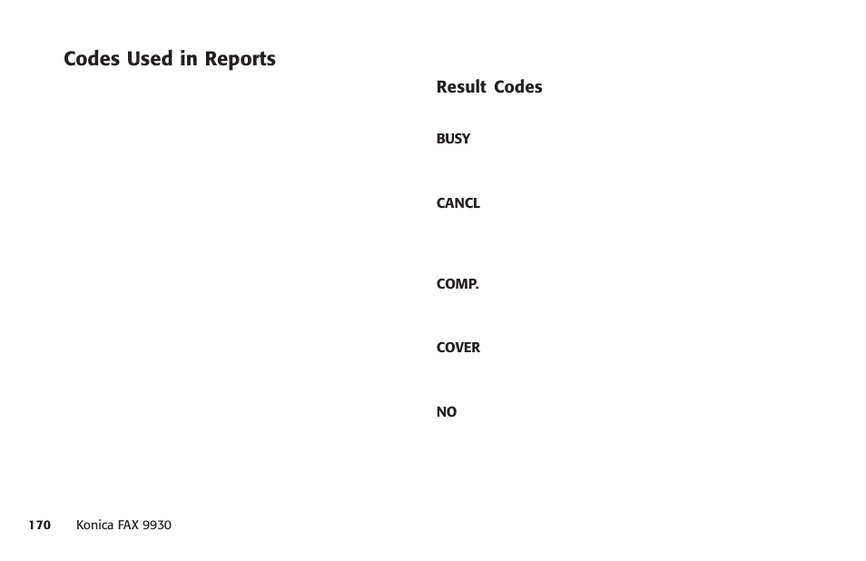 Codes used in reports | Konica Minolta Fax 9930 User Manual | Page 185 / 249