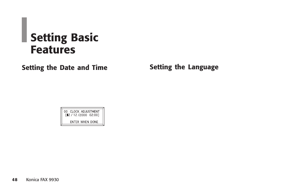 Overview, Setting basic features | Konica Minolta Fax 9930 User Manual | Page 63 / 249