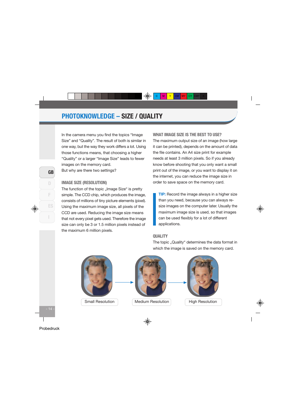 Photoknowledge – size / quality, Df gb i es | Konica Minolta Dynax 5D User Manual | Page 15 / 27