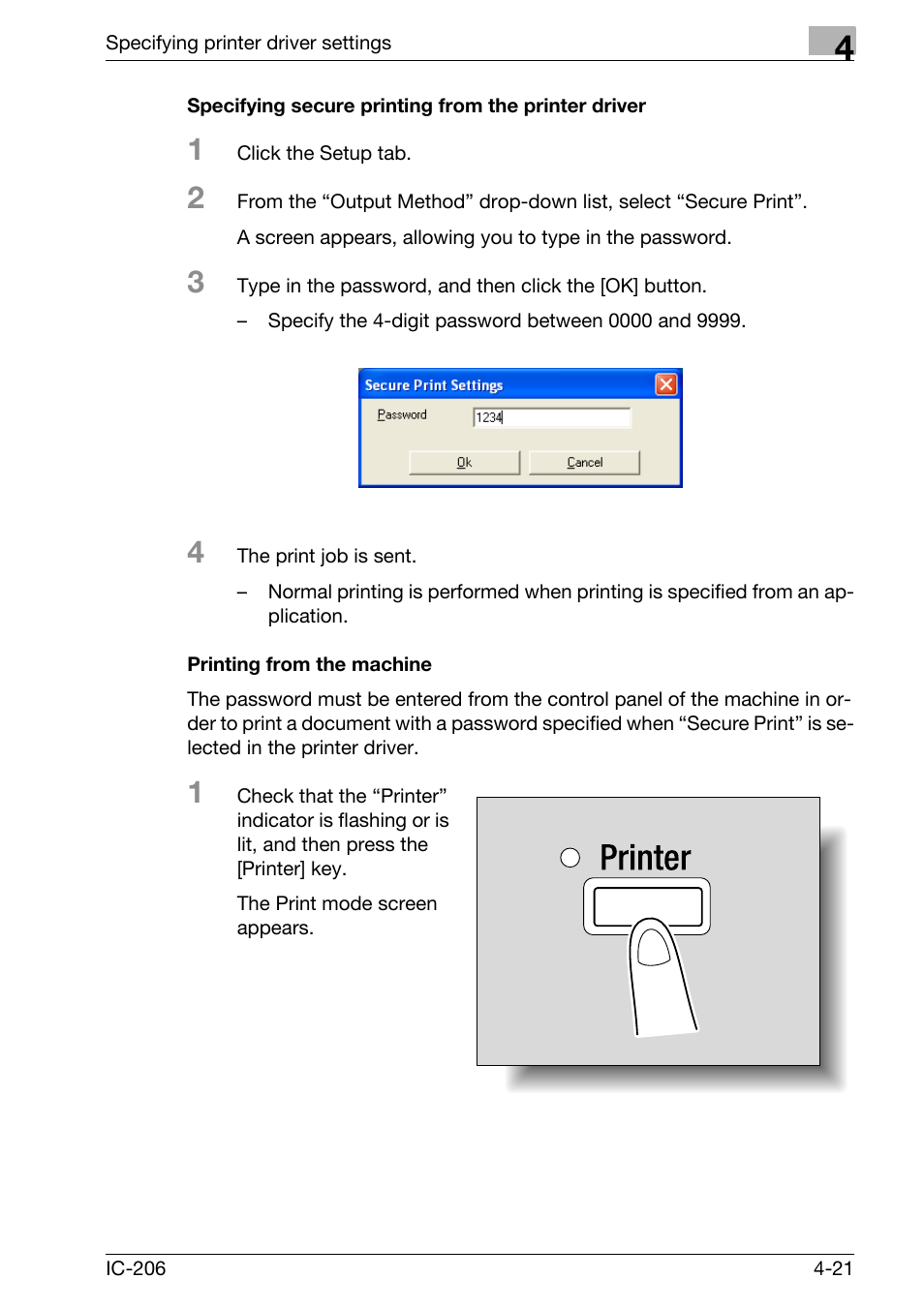 Specifying secure printing from the printer driver, Printing from the machine | Konica Minolta bizhub 163 User Manual | Page 110 / 362