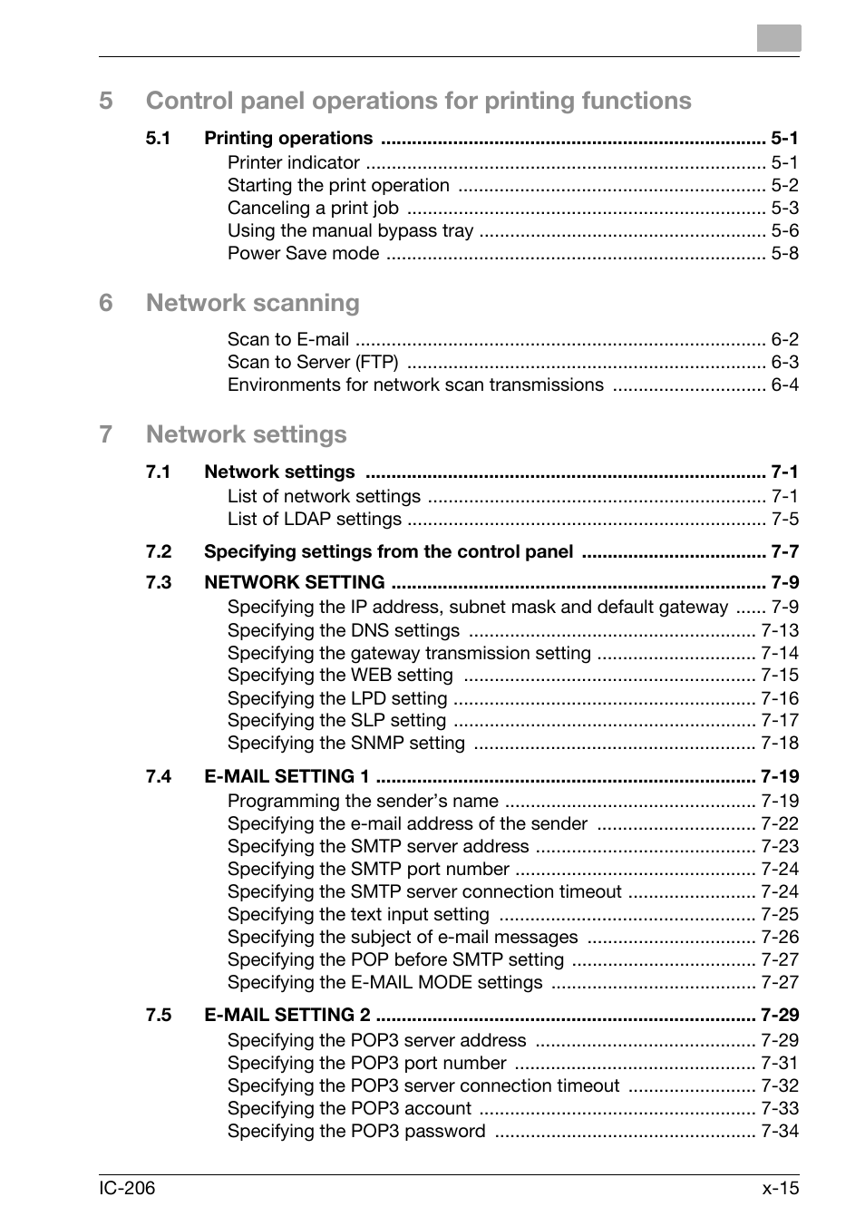 5control panel operations for printing functions, 6network scanning, 7network settings | Konica Minolta bizhub 163 User Manual | Page 16 / 362