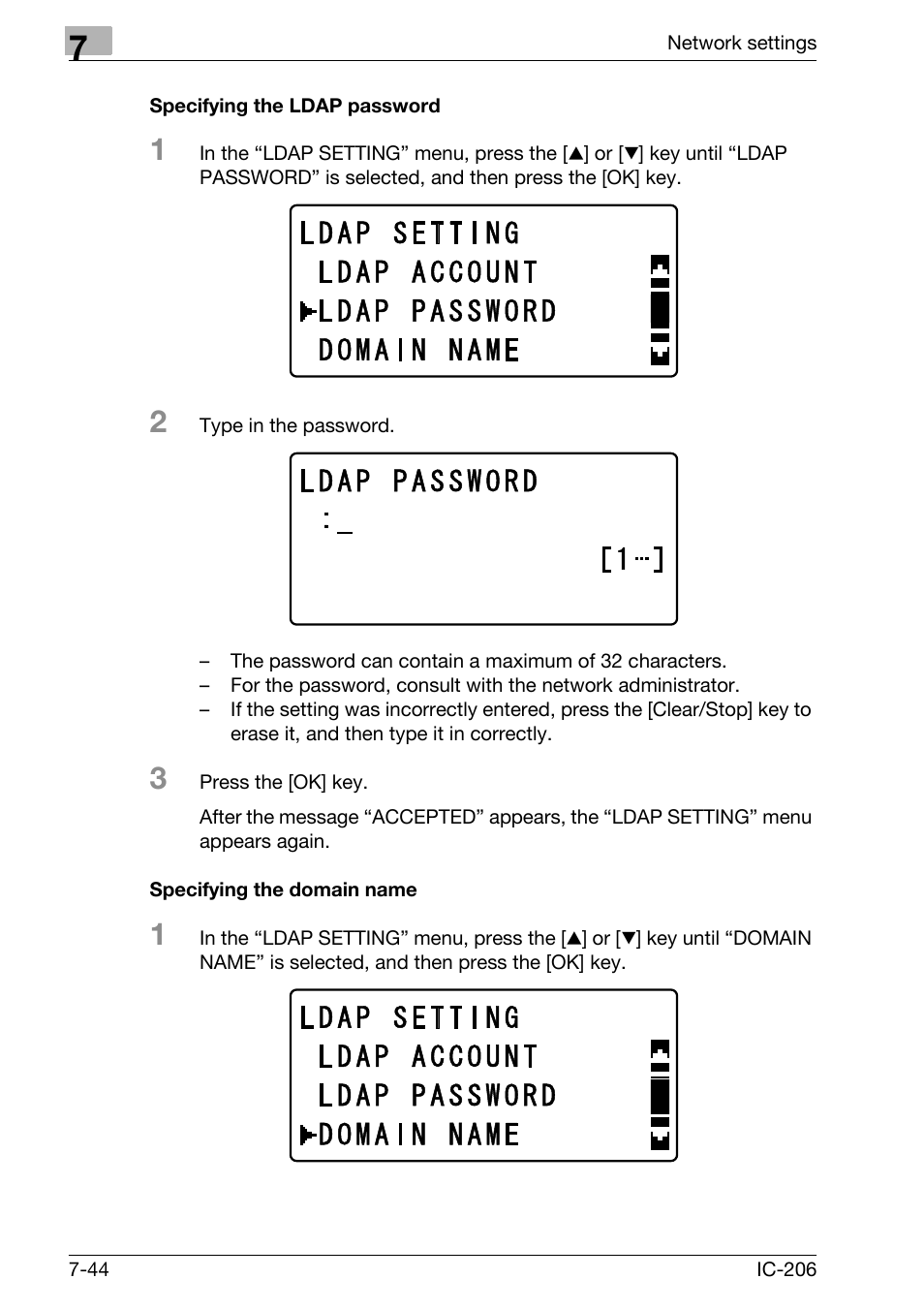 Specifying the ldap password, Specifying the domain name | Konica Minolta bizhub 163 User Manual | Page 183 / 362