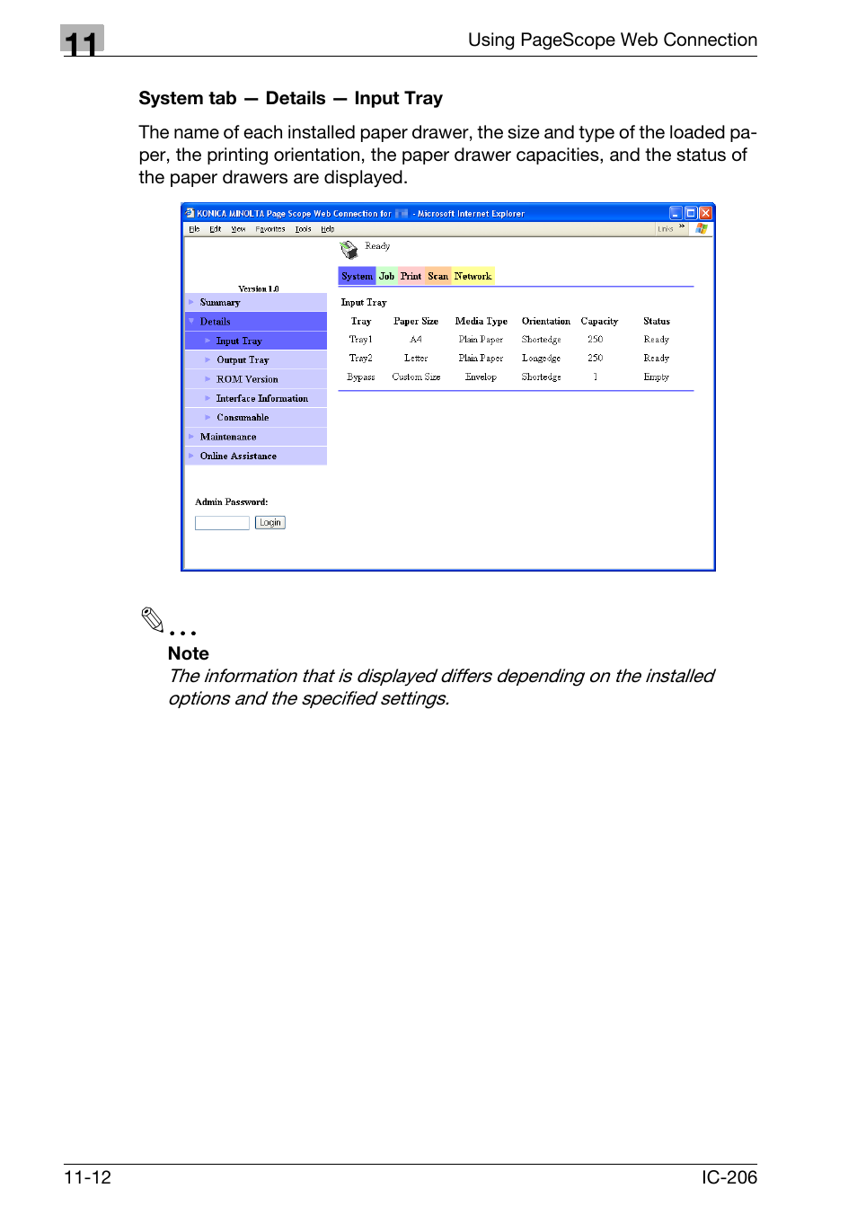 System tab - details - input tray, System tab — details — input tray -12 | Konica Minolta bizhub 163 User Manual | Page 289 / 362