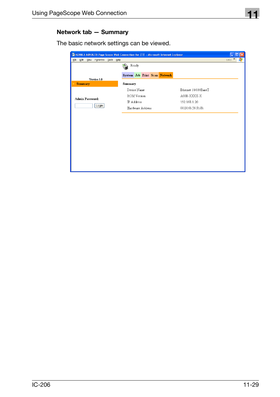 Network tab - summary, Network tab — summary -29 | Konica Minolta bizhub 163 User Manual | Page 306 / 362