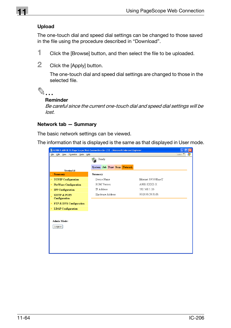 Upload, Network tab - summary, Upload -64 network tab — summary -64 | Konica Minolta bizhub 163 User Manual | Page 341 / 362