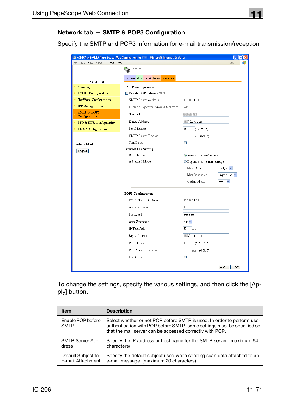 Network tab - smtp & pop3 configuration, Network tab — smtp & pop3 configuration -71 | Konica Minolta bizhub 163 User Manual | Page 348 / 362