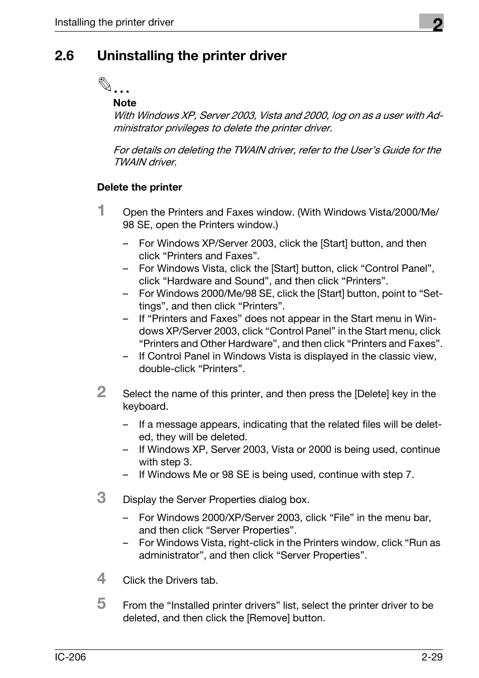 6 uninstalling the printer driver, Delete the printer, Uninstalling the printer driver -29 | Delete the printer -29 | Konica Minolta bizhub 163 User Manual | Page 62 / 362