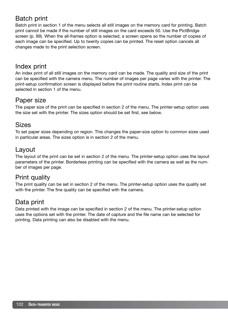 Batch print, Index print, Paper size | Sizes, Print quality, Data print, Layout | Konica Minolta DiMAGE X21 User Manual | Page 102 / 112