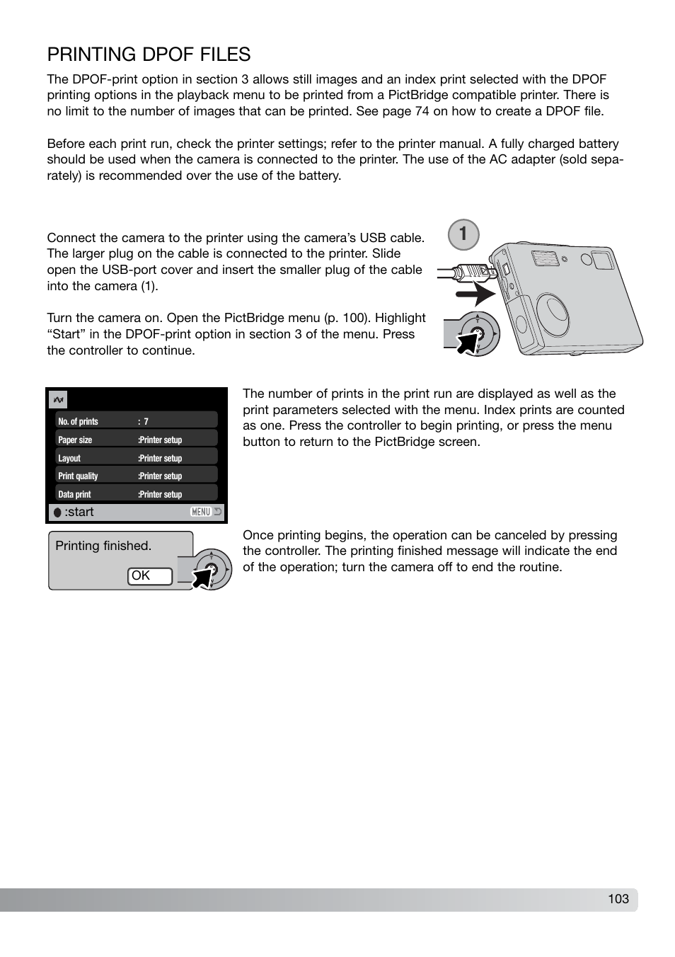 Printing dpof files | Konica Minolta DiMAGE X21 User Manual | Page 103 / 112