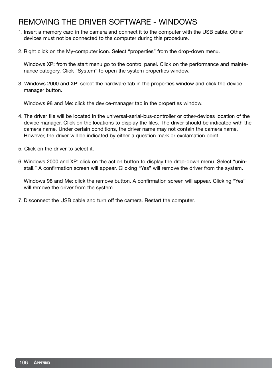Removing the driver software - windows | Konica Minolta DiMAGE X21 User Manual | Page 106 / 112