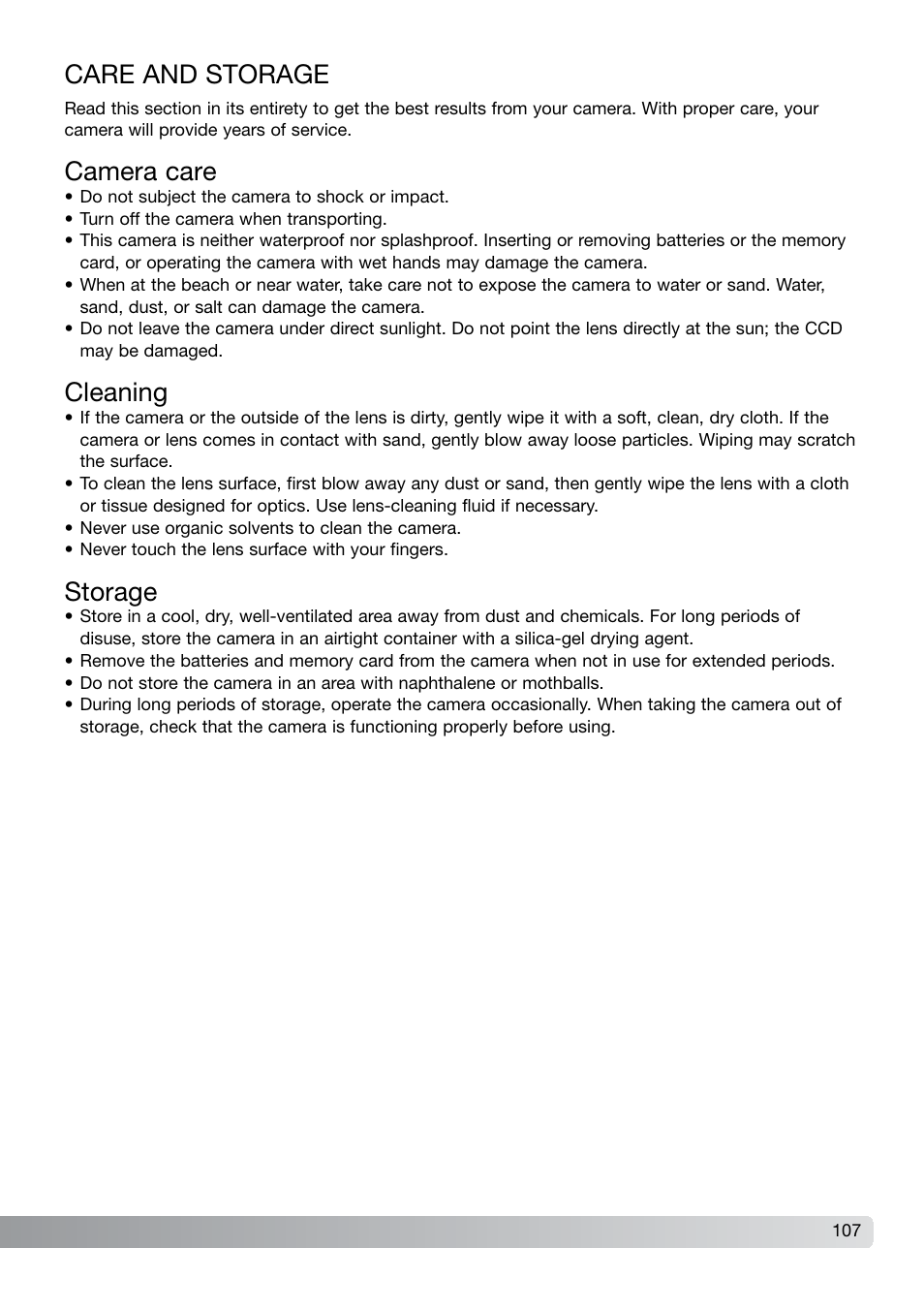 Care and storage, Camera care, Cleaning | Storage | Konica Minolta DiMAGE X21 User Manual | Page 107 / 112